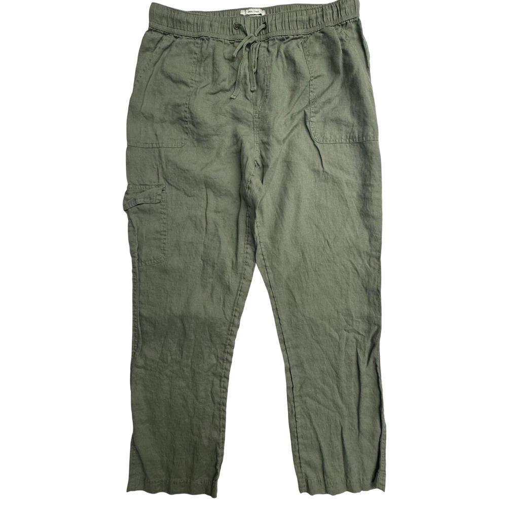 Rachel Zoe 100% Linen‎ Cargo Pants Womens L Sage Green Drawstring Wide Leg